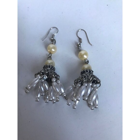 Vintage Double Pearl Pierced Wire Chandelier Dangle Earrings 11 Elongated - Picture 7 of 10